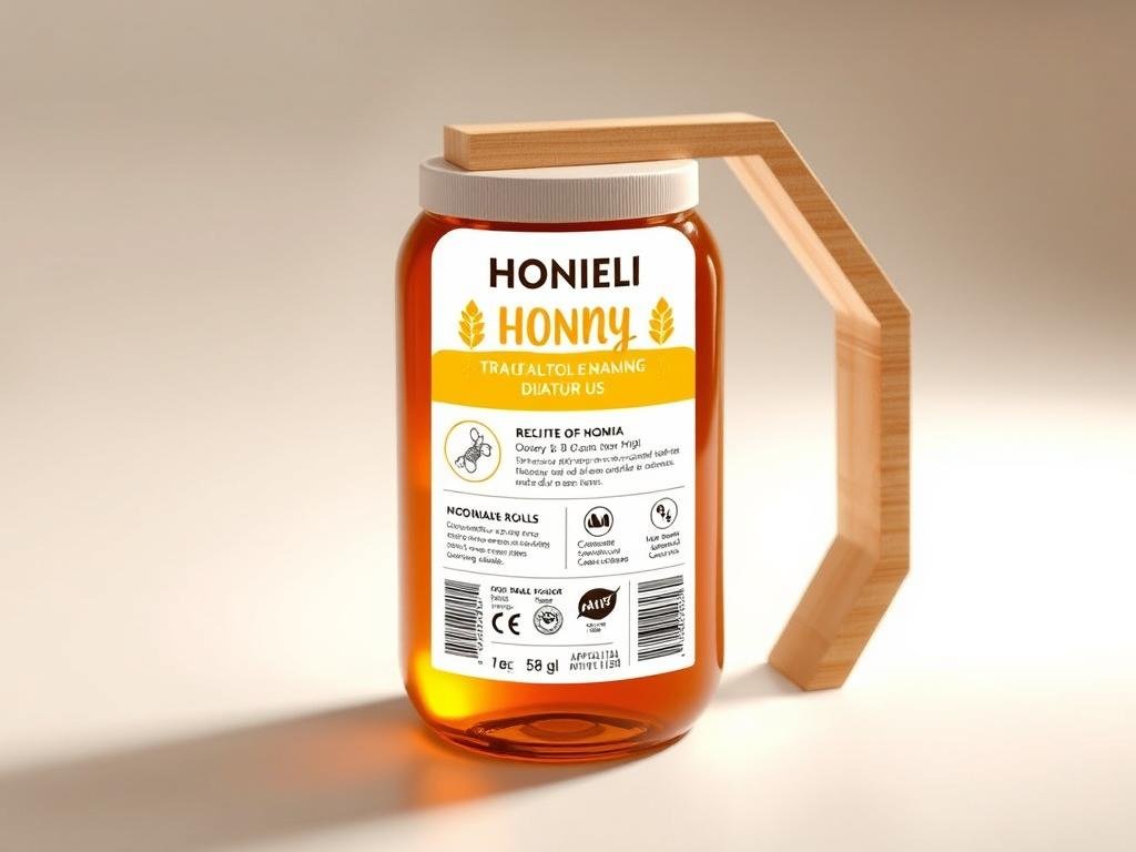 A modern, interactive honey labeling system showcases the traceability and quality of APICOLTURA BORVEI MIELE products. A sleek, minimalist design features a touchscreen display embedded into a wooden honey comb-inspired frame. The display presents detailed information about the honey's origin, processing, and certifications, allowing consumers to fully engage with the product. Soft, warm lighting illuminates the natural textures, while a clean, white background emphasizes the label's digital capabilities. The overall atmosphere conveys a sense of transparency, innovation, and a commitment to sustainable apiculture practices.