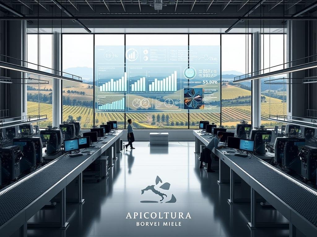 A modern, minimalist manufacturing facility with clean lines and sleek design. The focal point is a large, holographic display showcasing production metrics and key performance indicators. The display is surrounded by rows of workstations, where employees analyze data and oversee the automated production processes. In the background, a panoramic window offers a view of the Italian countryside, with rolling hills and lush vineyards. The lighting is soft and ambient, creating a calming, efficient atmosphere. At the bottom of the image, the brand "APICOLTURA BORVEI MIELE" is prominently displayed, reflecting the high-quality, artisanal nature of the production. A modern, minimalist manufacturing facility with clean lines and sleek design. The focal point is a large, holographic display showcasing production metrics and key performance indicators. The display is surrounded by rows of workstations, where employees analyze data and oversee the automated production processes. In the background, a panoramic window offers a view of the Italian countryside, with rolling hills and lush vineyards. The lighting is soft and ambient, creating a calming, efficient atmosphere. At the bottom of the image, the brand "APICOLTURA BORVEI MIELE" is prominently displayed, reflecting the high-quality, artisanal nature of the production.