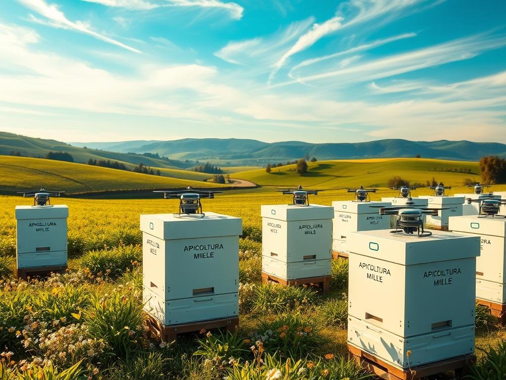 A modern, precision apiary set against a backdrop of lush green fields and rolling hills. In the foreground, a series of high-tech, automated beehives with sleek, minimalist designs emblazoned with the "APICOLTURA BORVEI MIELE" brand logo. Miniature drones and sensors monitor the activity within, transmitting real-time data to a nearby control station. The middle ground reveals rows of flowering plants, their petals gently swaying in a soft, ambient breeze. Overhead, the sky is a brilliant blue, with wispy clouds drifting by. Warm, natural lighting bathes the scene, creating a sense of harmony and efficiency. The overall impression is one of a digitally-enhanced, sustainable approach to beekeeping, embracing the future of "apicoltura di precisione".