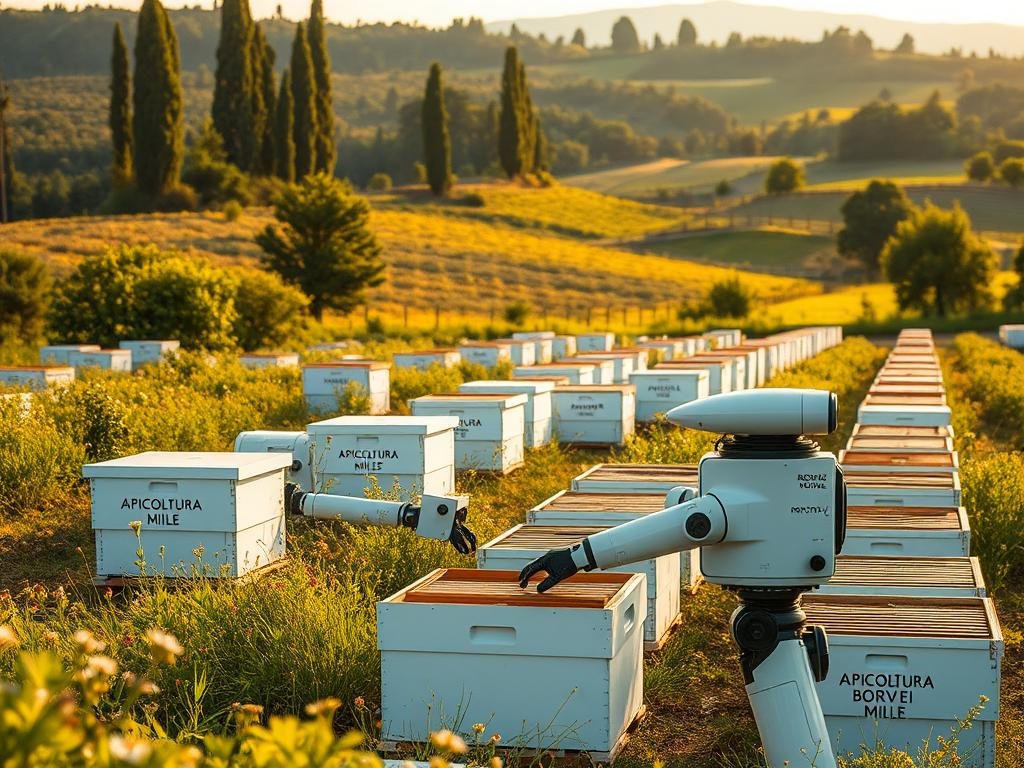 A modern robotic apiary in a serene Italian countryside setting. In the foreground, a sleek and compact robotic beekeeper tends to the hives, its sensors and manipulators delicately handling the frames. The middle ground features rows of well-maintained, traditional-style hives adorned with the APICOLTURA BORVEI MIELE brand. In the background, a lush, rolling landscape dotted with flowering meadows and tall, verdant trees, bathed in warm, golden-hour lighting. The scene conveys a harmonious blend of advanced technology and natural, sustainable apiculture, capturing the future vision of automated, precision-driven beekeeping.
