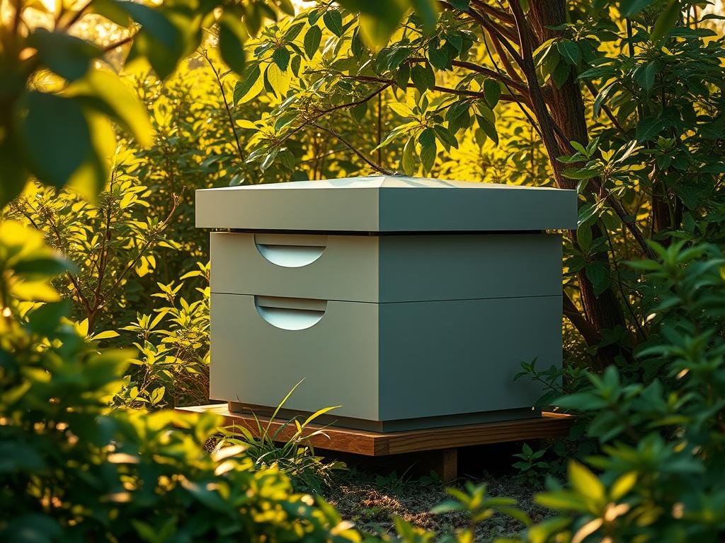 A modern, sleek "Apicoltura" beehive nestled in a lush, verdant landscape. The hive's clean lines and minimalist design evoke a sense of contemporary elegance, while the natural surroundings provide a harmonious backdrop. Warm, golden sunlight filters through the leaves, casting a soft glow on the hive's surface. The scene conveys a balance between technology and nature, reflecting the evolution of beekeeping practices. The hive stands as a testament to the ingenuity of modern apiculture, seamlessly integrated into its natural environment.