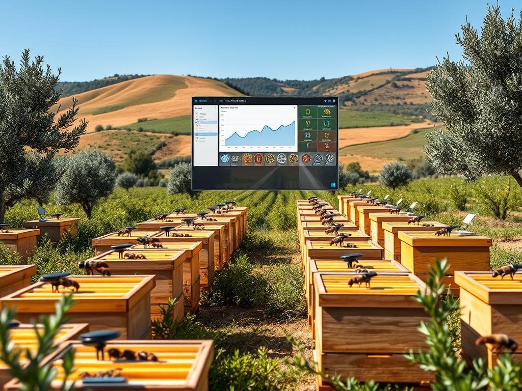 A modern, sleek data monitoring system for an apiary, showcasing the latest in precision analytics and IoT technology. The foreground features rows of beehives, each equipped with sensors and cameras capturing real-time data on hive activity, temperature, humidity, and more. In the middle ground, a large, interactive dashboard displays visualizations of the collected data, allowing the beekeeper to closely monitor the health and productivity of their colony. The background depicts a serene, Italian countryside setting, with rolling hills, olive trees, and a clear, blue sky. The overall scene conveys a sense of harmony between technology and nature, reflecting the APICOLTURA BORVEI MIELE brand's commitment to sustainable, data-driven apiculture. A modern, sleek data monitoring system for an apiary, showcasing the latest in precision analytics and IoT technology. The foreground features rows of beehives, each equipped with sensors and cameras capturing real-time data on hive activity, temperature, humidity, and more. In the middle ground, a large, interactive dashboard displays visualizations of the collected data, allowing the beekeeper to closely monitor the health and productivity of their colony. The background depicts a serene, Italian countryside setting, with rolling hills, olive trees, and a clear, blue sky. The overall scene conveys a sense of harmony between technology and nature, reflecting the APICOLTURA BORVEI MIELE brand's commitment to sustainable, data-driven apiculture.