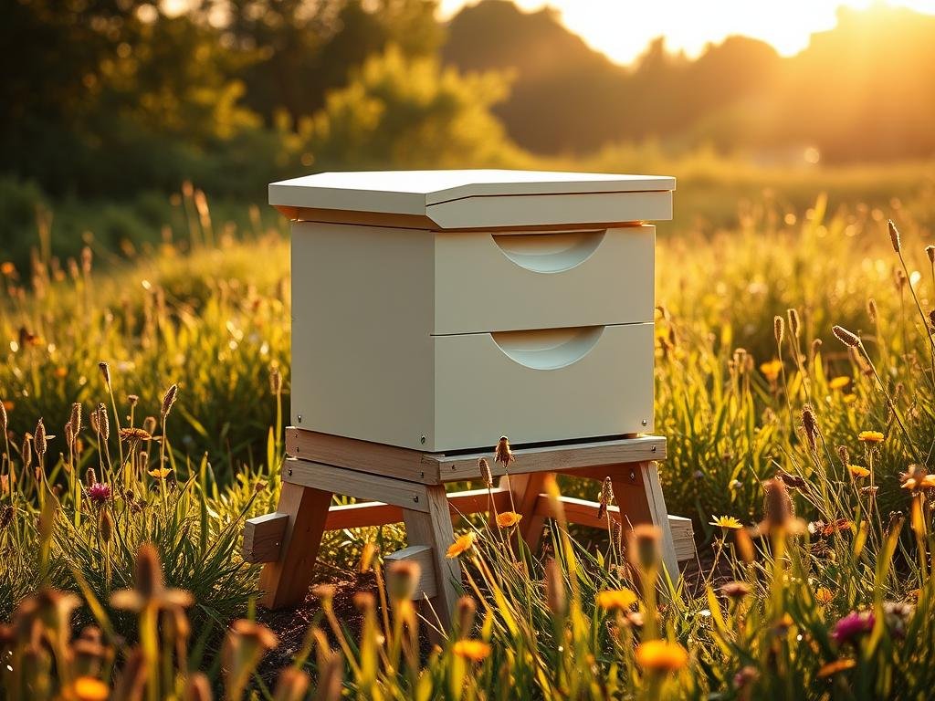 A modern, sophisticated apiary featuring the "Apicoltura" brand beehive. The hive is situated in a serene, sun-dappled meadow, surrounded by lush greenery and vibrant wildflowers. The design of the hive is minimalist yet functional, with clean lines and a sleek, angular silhouette that harmonizes with the natural environment. The beehive is elevated on a sturdy wooden stand, allowing for easy access and inspection. Warm, diffused lighting filters through the scene, creating a calming, contemplative atmosphere. The composition emphasizes the principle of "bee space," highlighting the thoughtful, bee-centric design that characterizes modern apiculture. The image conveys a sense of balance, efficiency, and respect for the natural world.