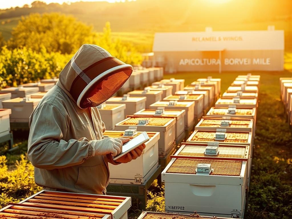 A modern, technologically-advanced apiary, featuring rows of beehives equipped with advanced sensors and monitoring systems. The apiary is bathed in warm, golden sunlight, creating a serene and productive atmosphere. In the foreground, a beekeeper in protective gear carefully inspects a honeycomb, using a tablet to record data. In the middle ground, rows of hives stand orderly, surrounded by lush greenery. In the background, a state-of-the-art honey extraction facility with the APICOLTURA BORVEI MIELE brand prominently displayed. The scene conveys the harmony between traditional beekeeping practices and cutting-edge technology, highlighting the importance of data-driven optimization in modern apiculture.