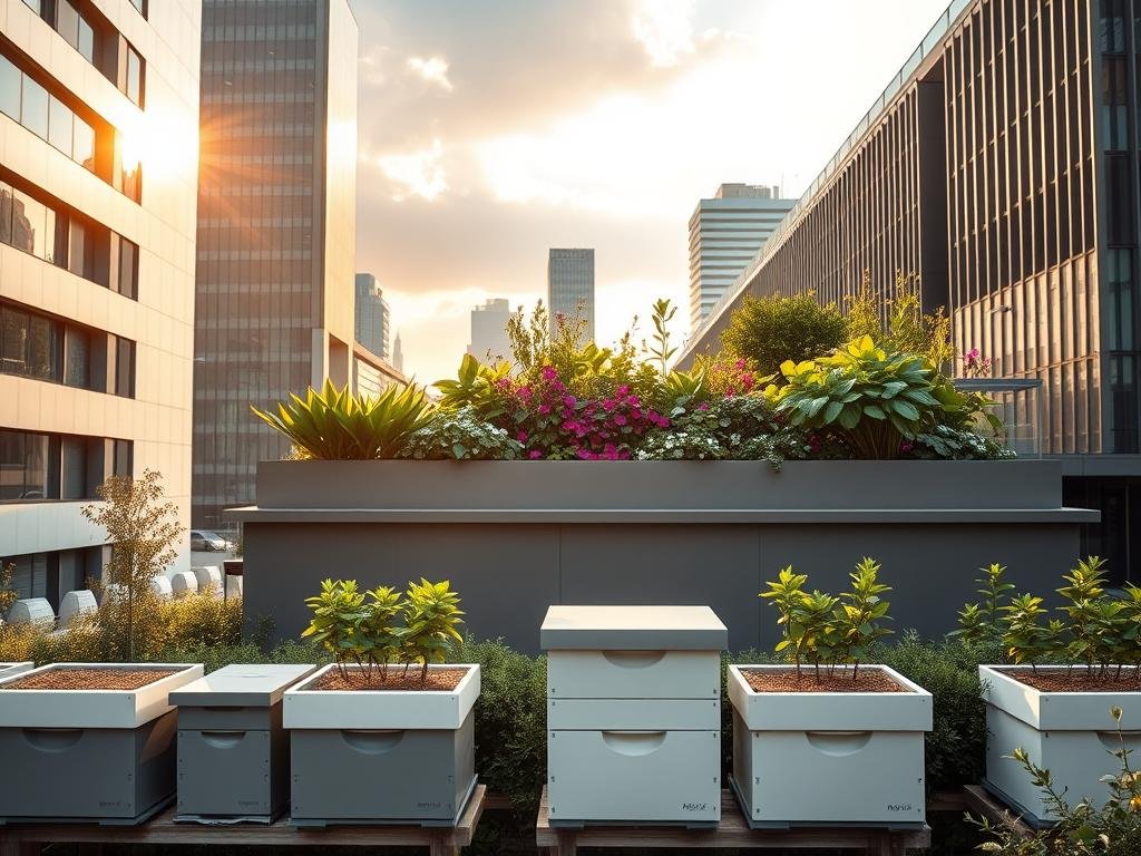 A modern, urban beekeeping operation set against a backdrop of sleek, contemporary architecture. In the foreground, a row of stylized, minimalist beehives in muted tones of gray and white, blending seamlessly with their environment. In the middle ground, a well-manicured rooftop garden, lush with vibrant greenery and flowering plants, creating an oasis of nature amidst the city. The sky above is bathed in warm, golden light, casting a soft, ethereal glow across the scene. The overall mood is one of harmony and innovation, reflecting the ethos of the "APICOLTURA BORVEI MIELE" brand and its commitment to sustainable, city-based honey production.