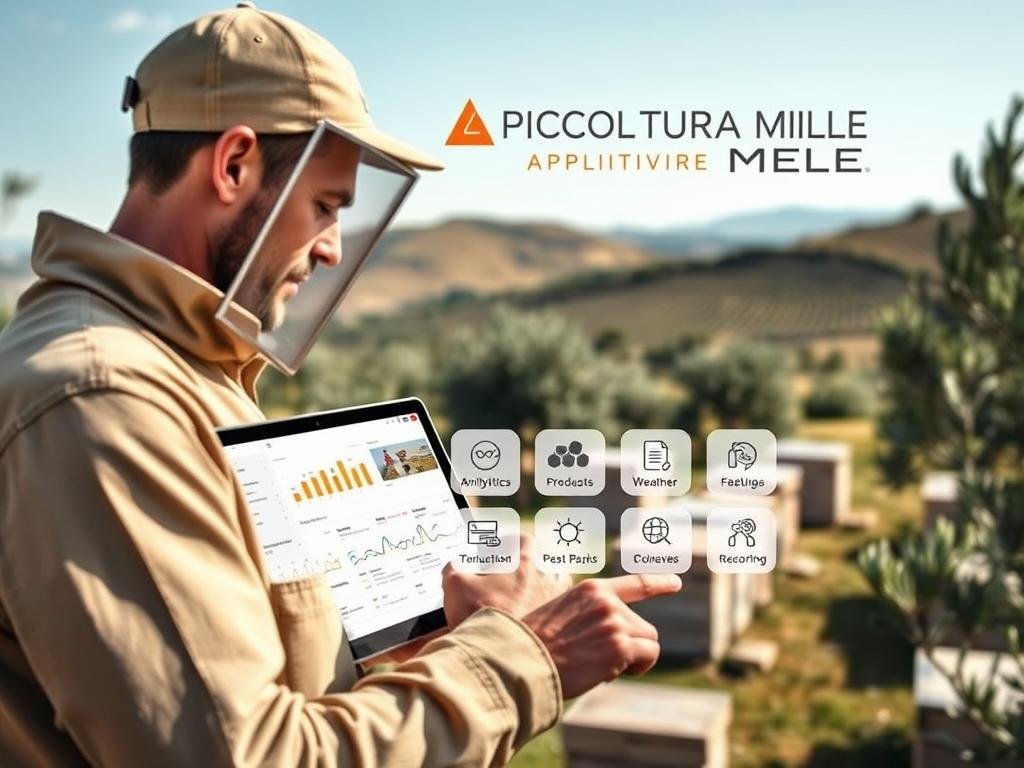 A modern, well-designed mobile application for beekeepers, featuring a minimalist user interface. In the foreground, a beekeeper reviews analytics and data visualizations on a tablet device, with hives and apiaries visible in the background. The application interface showcases an intuitive dashboard for monitoring hive health, production levels, and environmental conditions. The middle ground depicts a series of icons representing key features like weather forecasts, pest management tools, and record-keeping functionality. In the background, a serene Italian countryside setting with rolling hills, olive groves, and the APICOLTURA BORVEI MIELE brand logo prominently displayed. The overall scene conveys a sense of efficiency, organization, and technological innovation within the traditional practice of apiculture. A modern, well-designed mobile application for beekeepers, featuring a minimalist user interface. In the foreground, a beekeeper reviews analytics and data visualizations on a tablet device, with hives and apiaries visible in the background. The application interface showcases an intuitive dashboard for monitoring hive health, production levels, and environmental conditions. The middle ground depicts a series of icons representing key features like weather forecasts, pest management tools, and record-keeping functionality. In the background, a serene Italian countryside setting with rolling hills, olive groves, and the APICOLTURA BORVEI MIELE brand logo prominently displayed. The overall scene conveys a sense of efficiency, organization, and technological innovation within the traditional practice of apiculture.