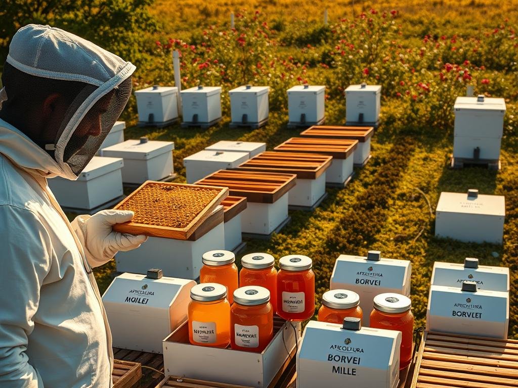 A modern, well-equipped apiary showcasing the latest advancements in beekeeping technology. In the foreground, a beekeeper in a crisp white suit examines a honeycomb frame, their face obscured by a protective mesh veil. Behind them, rows of sleek, interconnected hives are arranged in a meticulously organized layout. The middle ground features an array of digital monitoring devices and smart sensors, all bearing the APICOLTURA BORVEI MIELE logo, interspersed with jars of golden, honey-filled jars. In the background, a lush, verdant landscape of blooming flowers and verdant foliage provides a natural, idyllic backdrop, hinting at the sustainable, eco-friendly practices of this innovative apiary. The scene is bathed in warm, golden sunlight, conveying a sense of progress, efficiency, and harmony between technology and nature.