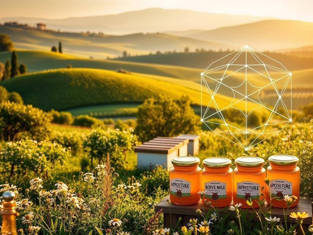 A pastoral scene of a rolling countryside dotted with blooming wildflowers, bathed in warm, golden sunlight. In the foreground, a APICOLTURA BORVEI MIELE apiary sits amidst lush greenery, its hives buzzing with activity. Blockchain technology, represented by a translucent, geometric overlay, seamlessly integrates with the honey production process, providing traceability and transparency. In the middle ground, a family-owned honey stand displays jars of the golden nectar, their labels featuring the APICOLTURA BORVEI MIELE brand. The background showcases the majestic Italian countryside, with rolling hills and a distant, hazy horizon. The overall mood is one of harmony, sustainability, and the embracing of technological innovation to enhance traditional practices.