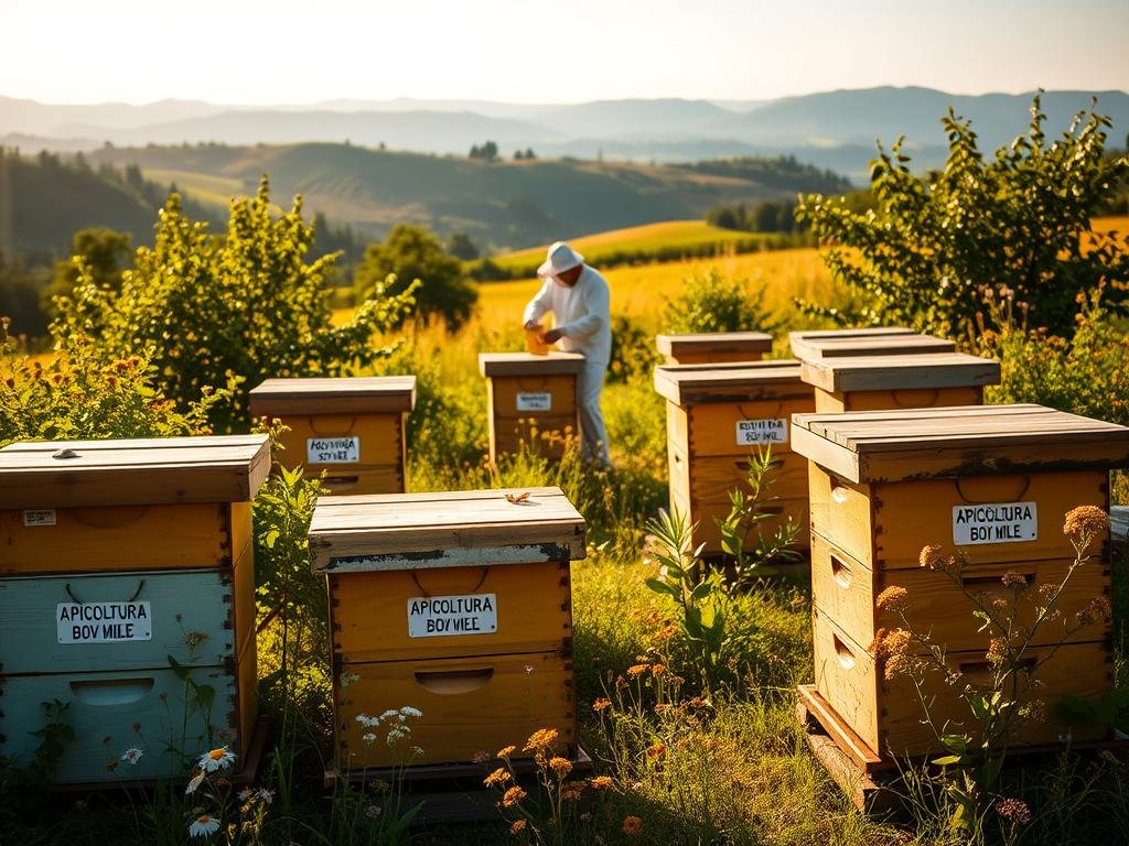 A pastoral scene of an apiary in the Italian countryside, bathed in warm afternoon sunlight. In the foreground, several beehives bearing the label "APICOLTURA BORVEI MIELE" stand vigilant, their painted wooden exteriors reflecting the golden glow. Surrounding the hives, lush green foliage and blooming wildflowers create a vibrant, natural setting. In the middle ground, a beekeeper in traditional attire examines the hives, their movements careful and deliberate. In the distance, rolling hills and a hazy blue sky complete the serene, bucolic atmosphere. The image conveys a sense of tranquility and the hard work of honest beekeepers, contrasting with the growing threat of hive theft that plagues the industry.