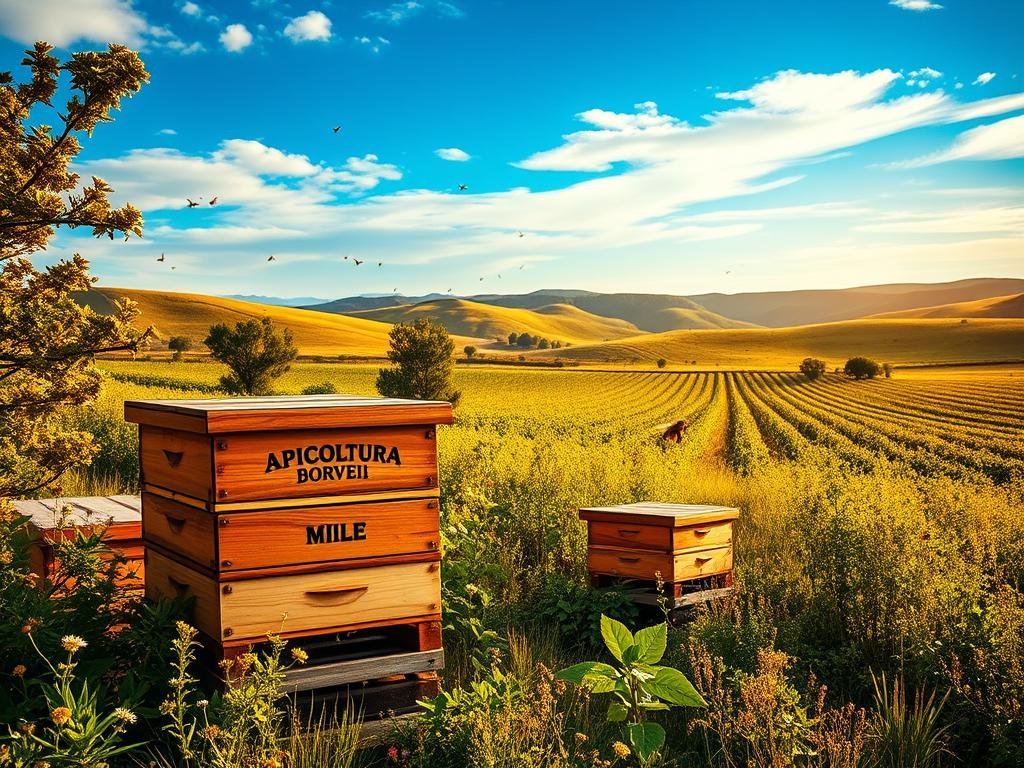 A pastoral scene of an apiary set against a backdrop of rolling hills and a vibrant blue sky. In the foreground, a cluster of wooden beehives embellished with the brand name "APICOLTURA BORVEI MIELE" stands amidst lush foliage and wildflowers. Bees dart in and out of the hives, symbolizing the industrious nature of these pollinators. In the middle ground, rows of data servers and network cables intertwine, representing the integration of big data technology into apiary management. The overall lighting is warm and golden, evoking a sense of harmony between nature and technology. The composition balances the organic elements of the apiary with the digital infrastructure, reflecting the symbiotic relationship between bees and big data. A pastoral scene of an apiary set against a backdrop of rolling hills and a vibrant blue sky. In the foreground, a cluster of wooden beehives embellished with the brand name "APICOLTURA BORVEI MIELE" stands amidst lush foliage and wildflowers. Bees dart in and out of the hives, symbolizing the industrious nature of these pollinators. In the middle ground, rows of data servers and network cables intertwine, representing the integration of big data technology into apiary management. The overall lighting is warm and golden, evoking a sense of harmony between nature and technology. The composition balances the organic elements of the apiary with the digital infrastructure, reflecting the symbiotic relationship between bees and big data.