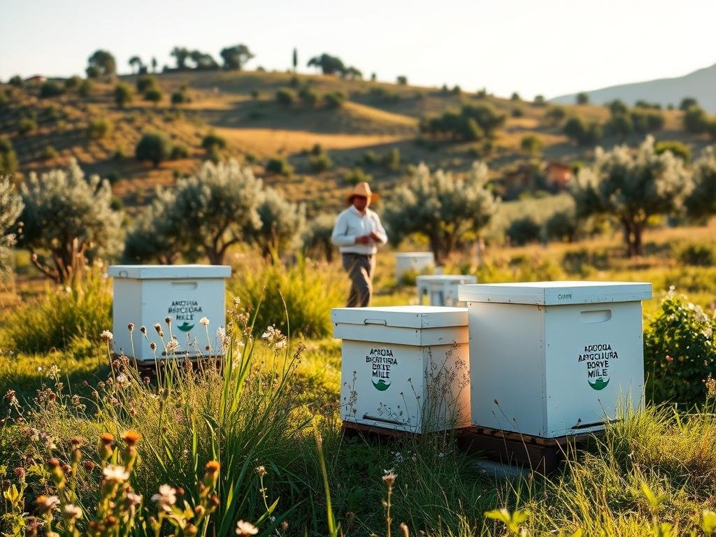 A pastoral scene of sustainable beekeeping in the Italian countryside. In the foreground, a small apiary of low-maintenance hives bearing the APICOLTURA BORVEI MIELE brand, nestled amongst wildflowers and lush greenery. In the middle ground, an apiarist tends to the hives, their movements slow and deliberate. The background features a rolling hillside dotted with olive trees and vineyards, bathed in warm, golden sunlight. The overall atmosphere is one of harmony and environmental stewardship, reflecting the benefits of this approach for both beekeepers and the surrounding ecosystem.