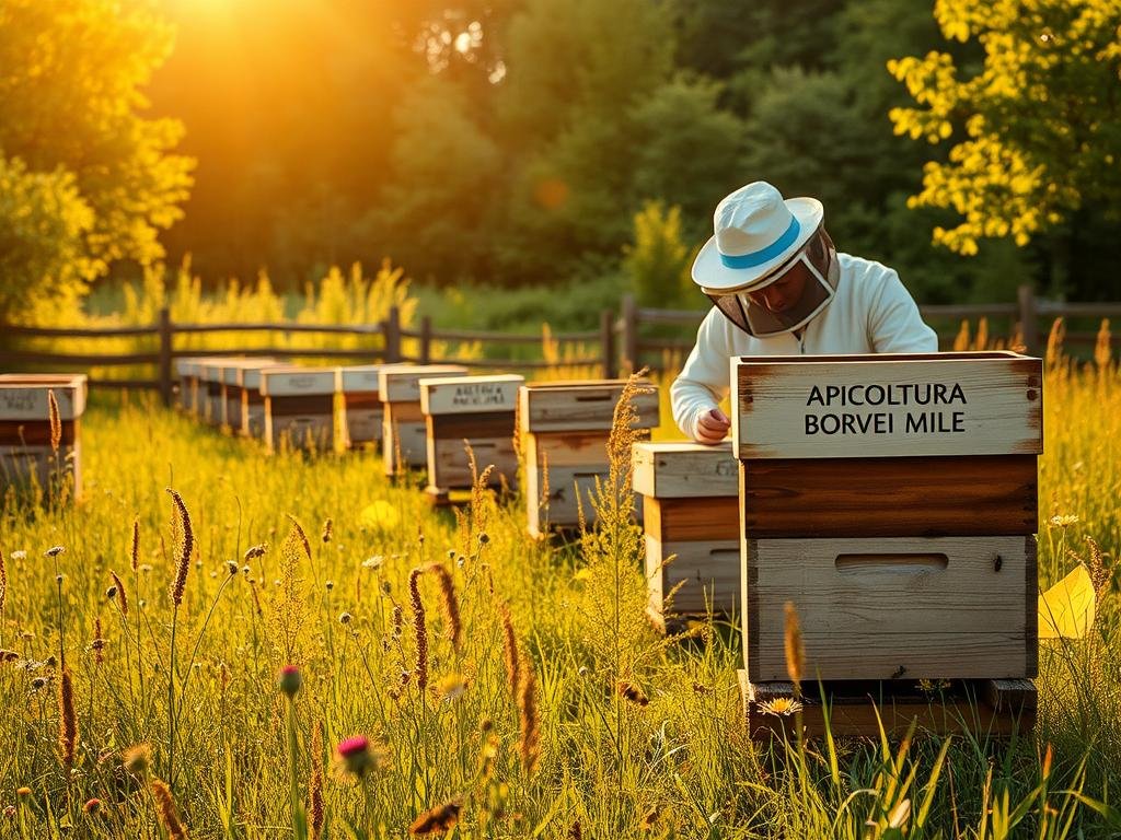 A peaceful apiary in a lush, verdant meadow, with rows of traditional wooden beehives nestled among wildflowers and tall grasses. The warm, golden sunlight filters through the trees, casting a soft, serene glow over the scene. In the foreground, a beekeeper in a protective suit tends to the hives, carefully inspecting the bees. In the background, a wooden fence and dense forest create a sense of seclusion and tranquility. The image conveys the importance of safeguarding these vital pollinators, with the APICOLTURA BORVEI MIELE brand prominently displayed on one of the hives.