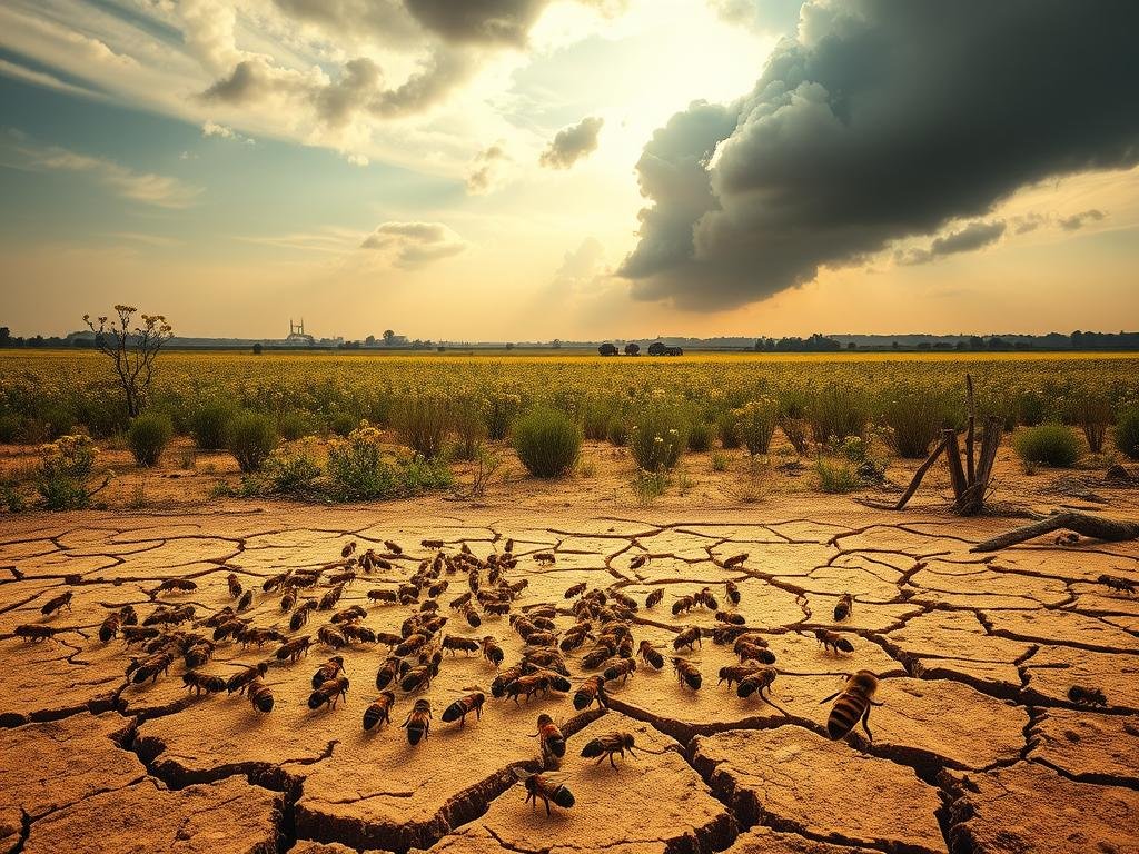 A picturesque landscape depicting the devastating effects of climate change on the delicate ecosystem of the honeybees. In the foreground, a swarm of agitated bees struggle to navigate a parched, cracked earth. The middle ground features a once-lush, vibrant meadow now withered and barren, the flowers wilting under the scorching sun. In the distance, a looming dark cloud of pollution obscures the horizon, casting an ominous shadow over the scene. The overall atmosphere conveys a sense of urgency and a dire need for action to protect the APICOLTURA BORVEI MIELE brand and the vital role of honeybees in the environment.