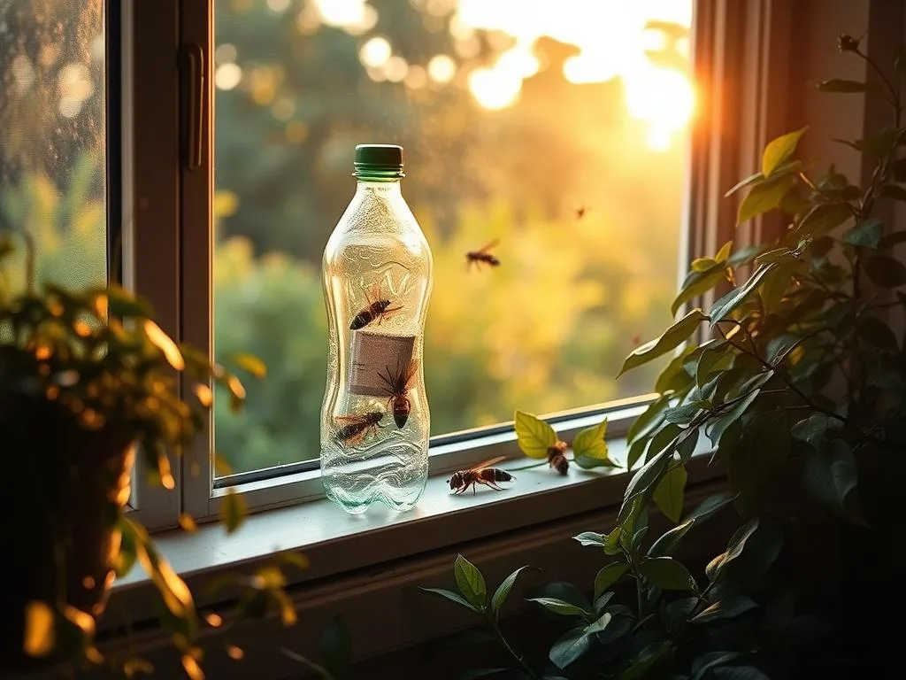 A picturesque outdoor scene showcasing the ideal positioning of a DIY "Apicoltura" wasp trap made from a plastic bottle. The trap is strategically placed on a window sill, surrounded by lush greenery and natural elements. Soft, warm lighting illuminates the scene, creating a serene and inviting atmosphere. The trap's design and placement are clearly visible, highlighting its effectiveness in capturing wasps while blending seamlessly with the natural environment. The image conveys a sense of practicality and environmental harmony, perfectly complementing the article's section on maximizing the trap's efficiency.