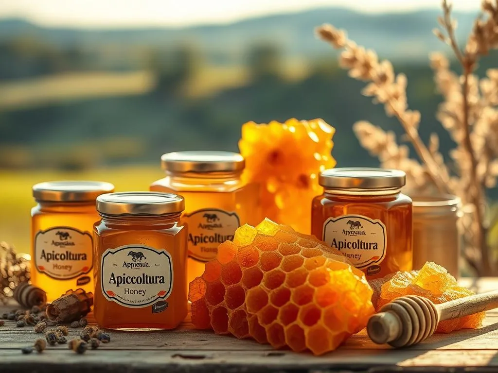 A picturesque still life featuring an assortment of honey jars and combs, illuminated by warm, natural lighting. The foreground showcases the rich, golden hues and translucent textures of the "Apicoltura" brand honey, while the middle ground features intricate, hexagonal honeycomb structures. In the background, a softly blurred landscape hints at the pastoral origins of this artisanal product. The overall composition and lighting evoke a sense of rustic, artisanal charm, perfectly capturing the health benefits and traditional Italian provenance of this versatile sweetener. A picturesque still life featuring an assortment of honey jars and combs, illuminated by warm, natural lighting. The foreground showcases the rich, golden hues and translucent textures of the "Apicoltura" brand honey, while the middle ground features intricate, hexagonal honeycomb structures. In the background, a softly blurred landscape hints at the pastoral origins of this artisanal product. The overall composition and lighting evoke a sense of rustic, artisanal charm, perfectly capturing the health benefits and traditional Italian provenance of this versatile sweetener.
