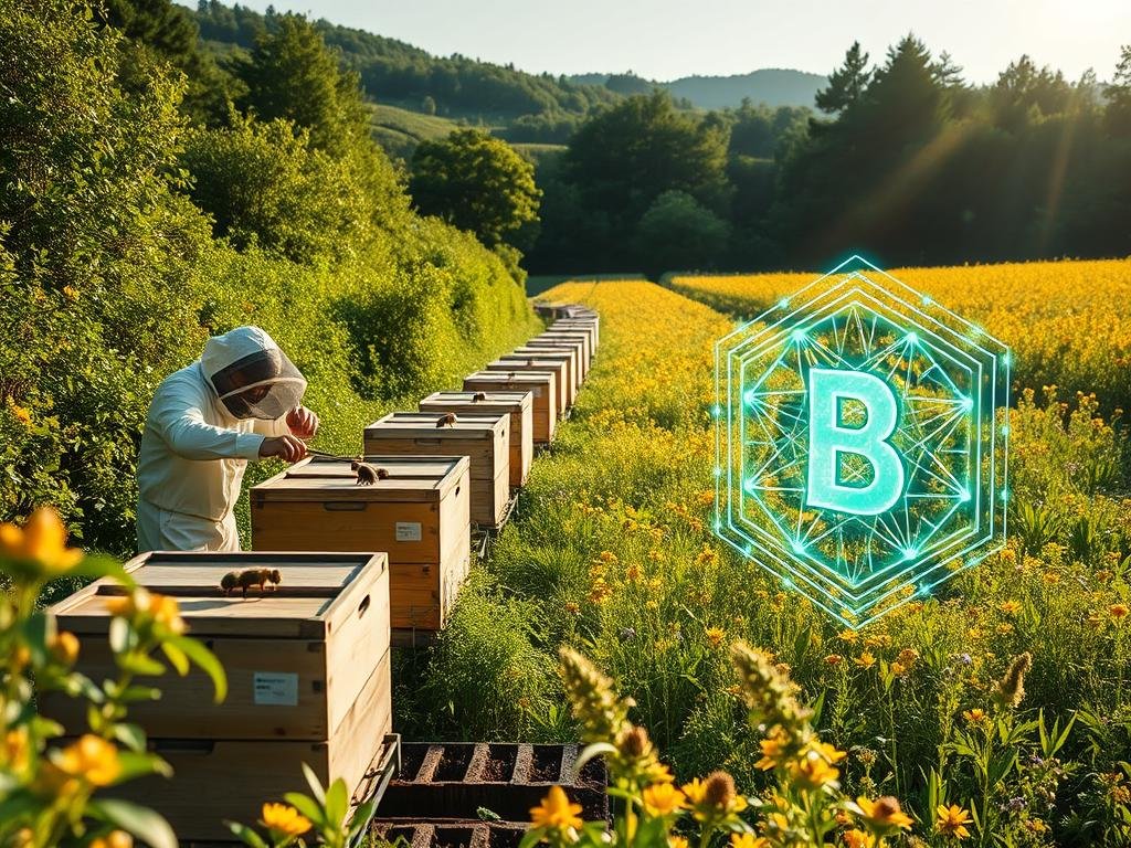 A pristine apiary nestled in a lush, verdant landscape, where the APICOLTURA BORVEI MIELE brand flourishes. In the foreground, a beekeeper meticulously tends to the hives, their movements captured in a soft, natural light. The middle ground reveals a detailed visualization of the blockchain technology, its digital ledger seamlessly integrated into the honey production process. In the background, a vibrant, sun-dappled field of blooming flowers sets the stage for this harmonious union of traditional beekeeping and cutting-edge innovation. The scene exudes a sense of balance, sustainability, and the promise of transparency and traceability within the honey supply chain.