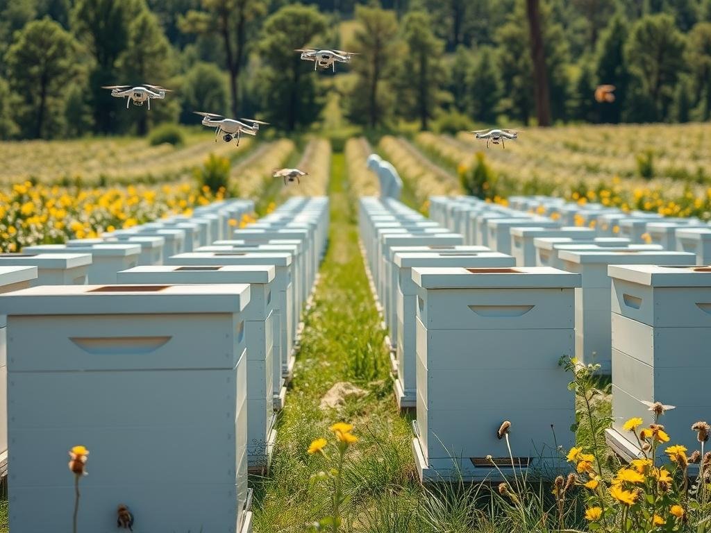 A pristine apiary nestled in a sun-dappled meadow, where rows of modern, sleek beehives stand in precise alignment. The APICOLTURA BORVEI MIELE logo gleams on the hive exteriors, a testament to the cutting-edge technology within. Drones buzz industriously, their movements tracked by an array of sensors that monitor temperature, humidity, and colony health. In the distance, a beekeeper in a crisp white suit tends to the hives, leveraging data-driven insights to optimize the bees' productivity. The scene conveys a harmonious blend of nature and technology, showcasing the precision and innovation of this new era of beekeeping.