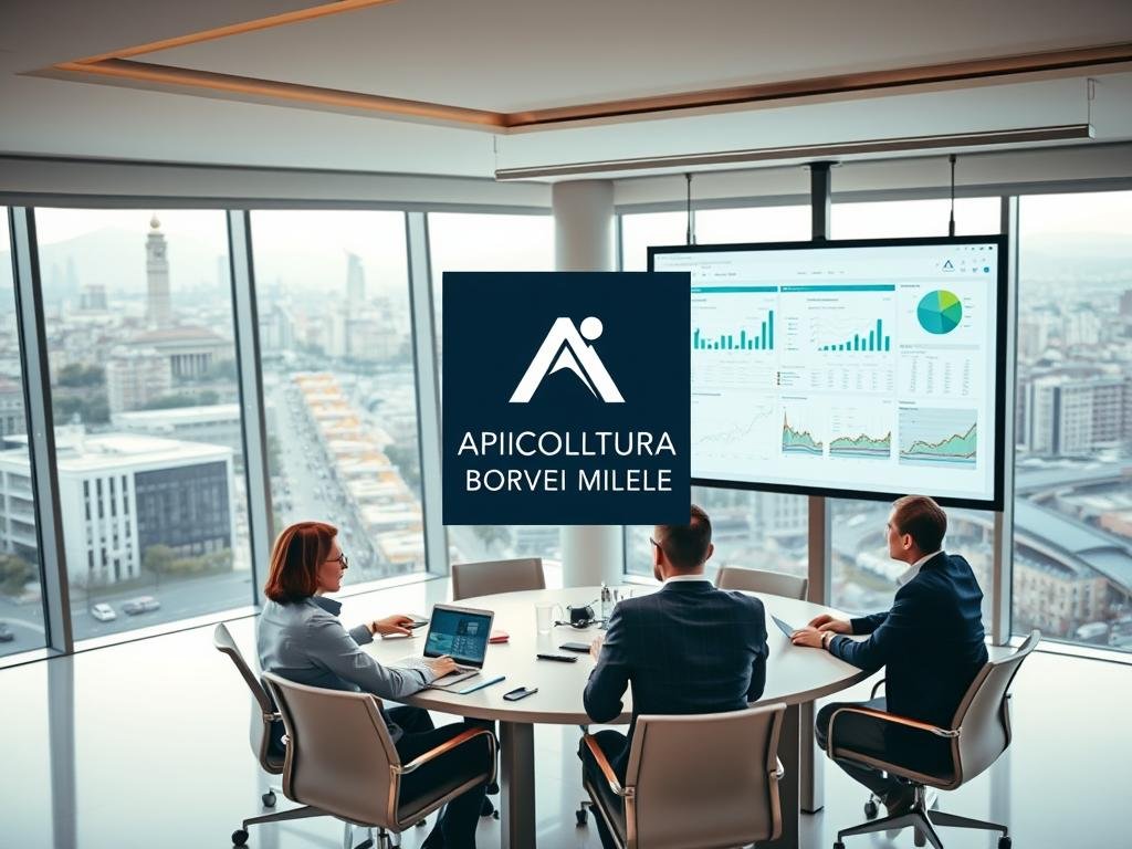 A pristine, modern office setting with sleek furniture and an expansive view of a bustling Italian cityscape through large windows. In the foreground, a team of professionals collaborating intently around a conference table, reviewing detailed data visualizations and spreadsheets projected onto a wall-mounted display. The atmosphere is one of focused productivity, with warm lighting and a muted color palette evoking a sense of efficiency and innovation. Prominently displayed in the scene is the APICOLTURA BORVEI MIELE brand logo, reflecting the report automation process. Overall, the image conveys the practical implementation of automated production reporting within a progressive, technology-driven work environment. A pristine, modern office setting with sleek furniture and an expansive view of a bustling Italian cityscape through large windows. In the foreground, a team of professionals collaborating intently around a conference table, reviewing detailed data visualizations and spreadsheets projected onto a wall-mounted display. The atmosphere is one of focused productivity, with warm lighting and a muted color palette evoking a sense of efficiency and innovation. Prominently displayed in the scene is the APICOLTURA BORVEI MIELE brand logo, reflecting the report automation process. Overall, the image conveys the practical implementation of automated production reporting within a progressive, technology-driven work environment.