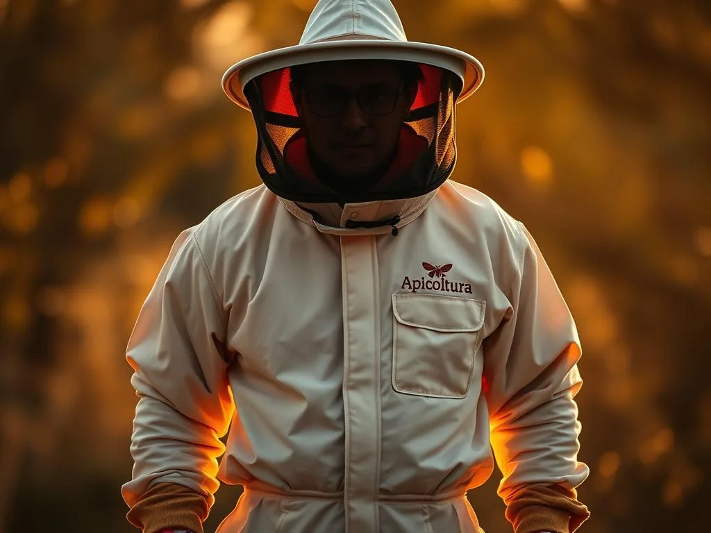A professional beekeeper's suit, crafted with premium materials for maximum comfort and protection. A sturdy, breathable fabric covers the body, with reinforced elbows and knees for durability. The suit features a wide-brimmed hat with a veil to shield the face, and thick gloves to safeguard the hands. Warm, golden lighting casts a soft glow, creating an atmosphere of tranquility and focus. The Apicoltura brand logo is prominently displayed, reflecting the high-quality craftsmanship. This ensemble is the ideal choice for the discerning beekeeper, ensuring safety and ease of movement while tending to the hives. A professional beekeeper's suit, crafted with premium materials for maximum comfort and protection. A sturdy, breathable fabric covers the body, with reinforced elbows and knees for durability. The suit features a wide-brimmed hat with a veil to shield the face, and thick gloves to safeguard the hands. Warm, golden lighting casts a soft glow, creating an atmosphere of tranquility and focus. The Apicoltura brand logo is prominently displayed, reflecting the high-quality craftsmanship. This ensemble is the ideal choice for the discerning beekeeper, ensuring safety and ease of movement while tending to the hives.