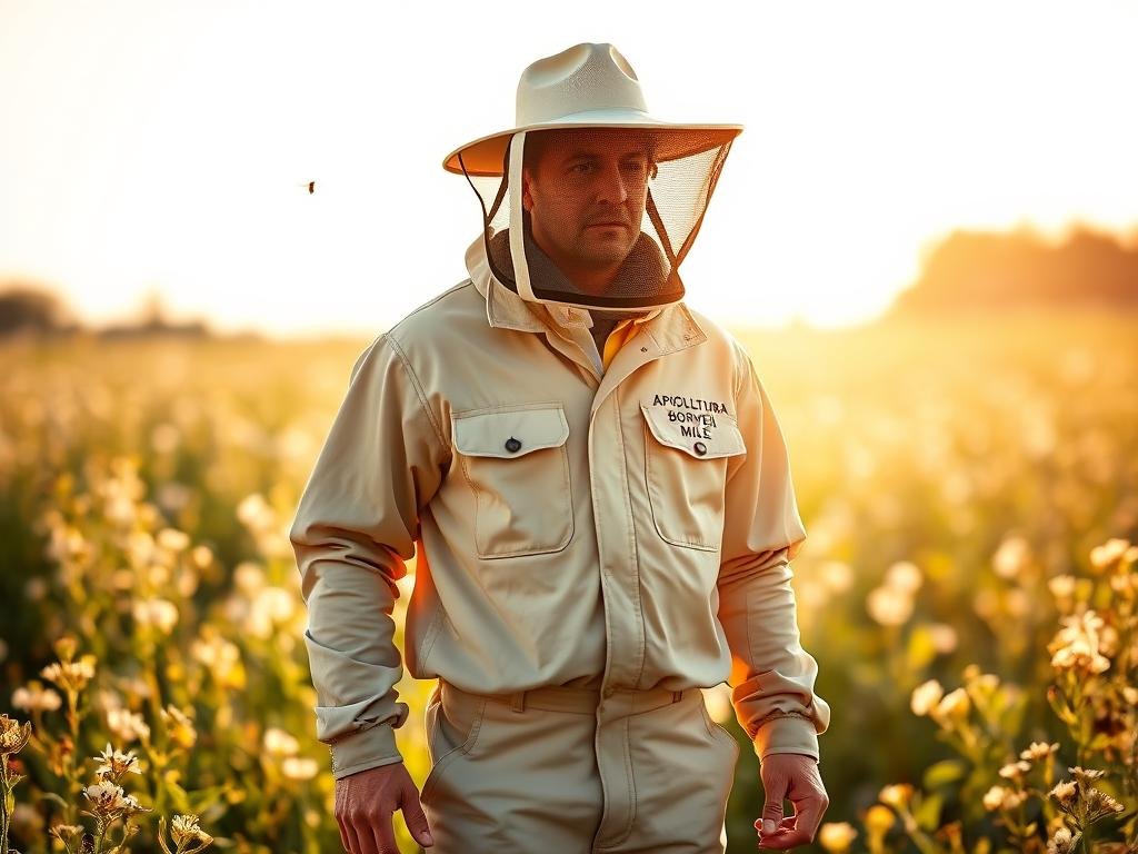 A professional beekeeper's uniform, featuring a wide-brimmed hat and a protective mesh veil, stands in a sunlit field of blooming flowers. The jacket and trousers are made of a durable, breathable material in a neutral tone, with strategically placed pockets and reinforced areas for added safety. The brand name "APICOLTURA BORVEI MIELE" is prominently displayed on the uniform, reflecting the high-quality craftsmanship. Warm, golden lighting illuminates the scene, creating a sense of calm and tranquility, as the beekeeper stands ready to tend to the hives, their protective gear ensuring both comfort and security.
