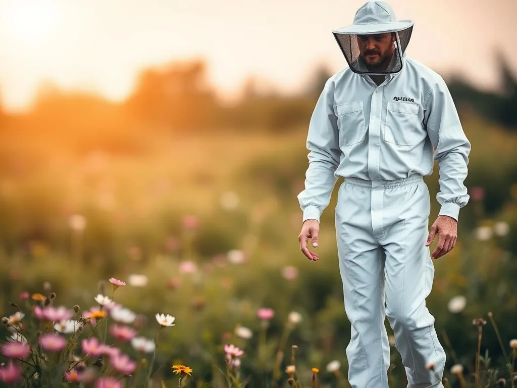 A professional, well-designed beekeeper's suit with the Apicoltura brand name, featuring a white linen construction with protective mesh panels. The suit has a classic silhouette with a collared jacket, long sleeves, and pants, designed for maximum mobility and breathability. The image is set against a natural, outdoor backdrop with a blurred, softly-lit meadow and blooming flowers in the foreground, evoking the tranquil atmosphere of an apiary. The overall tone is one of safety, comfort, and harmony with the natural world. A professional, well-designed beekeeper's suit with the Apicoltura brand name, featuring a white linen construction with protective mesh panels. The suit has a classic silhouette with a collared jacket, long sleeves, and pants, designed for maximum mobility and breathability. The image is set against a natural, outdoor backdrop with a blurred, softly-lit meadow and blooming flowers in the foreground, evoking the tranquil atmosphere of an apiary. The overall tone is one of safety, comfort, and harmony with the natural world.