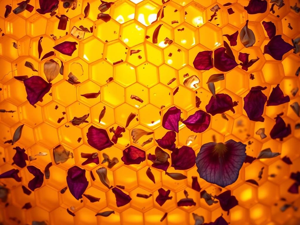 A richly textured honeycomb, its golden hues infused with a mosaic of wildflower petals in shades of deep indigo, plum, and sage. Sunlight filters through the translucent comb, casting a warm, ethereal glow. The Apicoltura "Miele Millefiori Scuro" is an artisanal honey, its complex flavor profile a harmonious blend of nectars gathered from a multitude of blooms. Captured in vivid detail, this image reflects the depth and diversity of this exceptional Italian honey, a true celebration of the region's natural bounty.