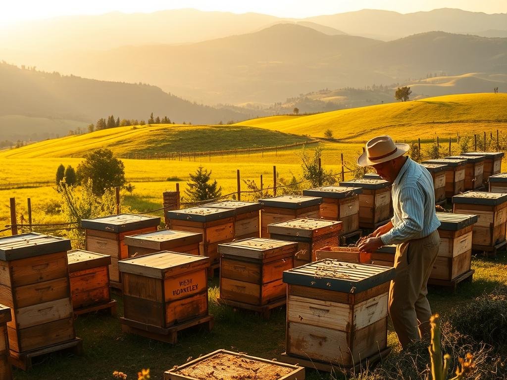 A rustic Italian apiary nestled among rolling hills, bathed in warm, golden light. Rows of beehives stand proudly, their wooden frames weathered by time. In the foreground, a beekeeper in traditional garb carefully tends to the hives, their movements graceful and practiced. Buzzing honey bees dart in and out, their wings a blur, collecting the nectar that will become the prized "APICOLTURA BORVEI MIELE". The surrounding landscape is a tapestry of lush, verdant meadows and distant, hazy mountains, reflecting the essence of Italy's productive and bountiful miel.