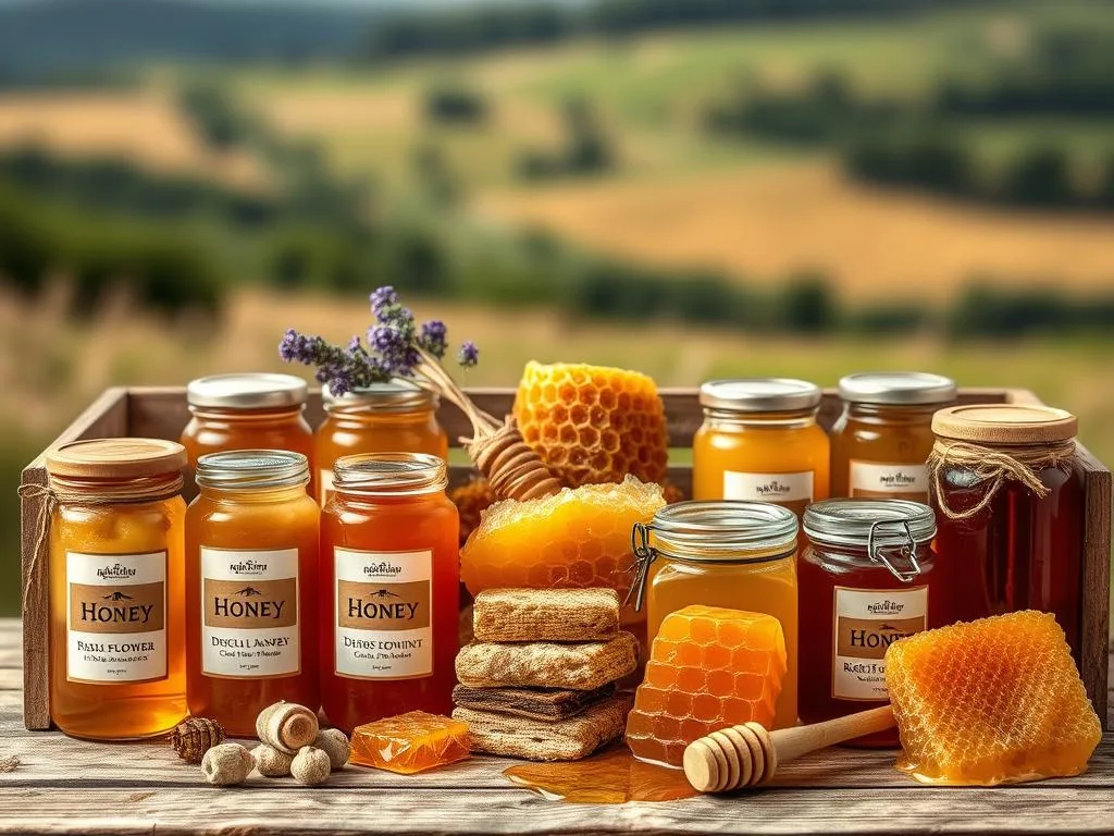 A rustic and artisanal display of Apicoltura's diverse honey varieties. In the foreground, a wooden crate showcases an array of glass jars, each containing a distinct honey type - from rich, creamy wildflower to delicate lavender, and robust chestnut. The middle ground features an assortment of honeycombs, some dripping with the golden nectar. In the background, a blurred countryside landscape evokes the natural origins of these handcrafted treasures. Soft, warm lighting illuminates the scene, highlighting the unique textures and colors of the artisanal honey selection. A rustic and artisanal display of Apicoltura's diverse honey varieties. In the foreground, a wooden crate showcases an array of glass jars, each containing a distinct honey type - from rich, creamy wildflower to delicate lavender, and robust chestnut. The middle ground features an assortment of honeycombs, some dripping with the golden nectar. In the background, a blurred countryside landscape evokes the natural origins of these handcrafted treasures. Soft, warm lighting illuminates the scene, highlighting the unique textures and colors of the artisanal honey selection.
