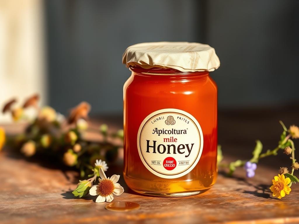 A rustic, artisanal jar of raw, unprocessed honey (miele grezzo) sits on a wooden surface, surrounded by a few wildflowers and leaves. The lighting is warm and natural, casting a soft glow on the amber-colored honey. The jar's label prominently displays the brand name "Apicoltura", conveying a sense of quality and authenticity. The overall composition and atmosphere evoke a serene, Italian countryside setting, perfectly aligned with the section title "Conclusione: quale miele scegliere?".