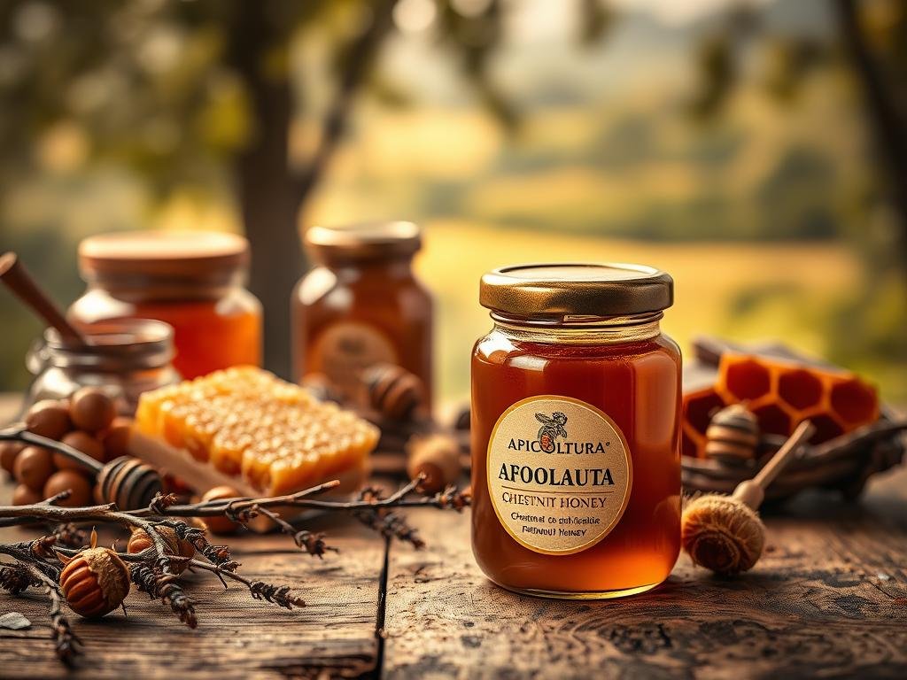 A rustic, artisanal-style still life showcasing a jar of Apicoltura honey in the foreground, highlighting the rich, warm chestnut hue of the liquid and the textured wooden surfaces around it. In the middle ground, additional jars, honeycombs, and natural elements like twigs and leaves create a cozy, earthy atmosphere. The background features a blurred, soft-focus landscape, evoking the lush chestnut forests where the bees forage. Warm, diffused lighting casts a golden glow over the scene, emphasizing the premium quality and artisanal craftsmanship of the Apicoltura chestnut honey.