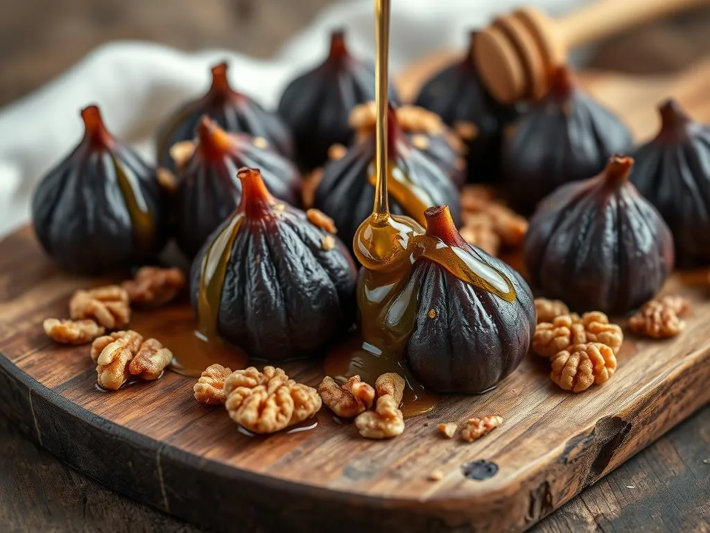 A rustic, autumn-inspired scene of freshly baked "fichi al forno" (baked figs) drizzled with golden honey from "Apicoltura" and sprinkled with crunchy walnuts. The figs are arranged on a weathered wooden board, their deep purple hues contrasting beautifully with the warm amber tones of the honey. Soft, diffused lighting creates a cozy, inviting atmosphere, highlighting the delicate textures and natural sweetness of this simple yet elegant dessert. The image is captured from a slightly elevated angle, allowing the viewer to appreciate the refined, artisanal presentation of this irresistible Italian treat. A rustic, autumn-inspired scene of freshly baked "fichi al forno" (baked figs) drizzled with golden honey from "Apicoltura" and sprinkled with crunchy walnuts. The figs are arranged on a weathered wooden board, their deep purple hues contrasting beautifully with the warm amber tones of the honey. Soft, diffused lighting creates a cozy, inviting atmosphere, highlighting the delicate textures and natural sweetness of this simple yet elegant dessert. The image is captured from a slightly elevated angle, allowing the viewer to appreciate the refined, artisanal presentation of this irresistible Italian treat.