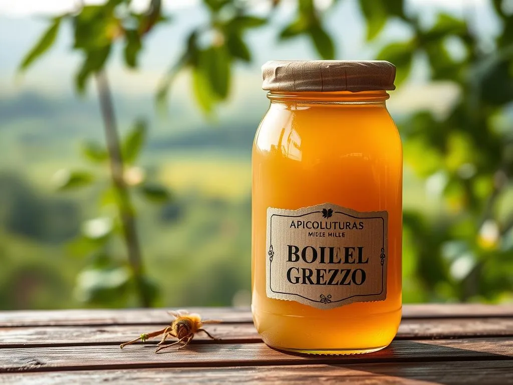 A rustic glass jar filled with creamy, unfiltered "miele grezzo" (raw honey) sits on a wooden surface, its golden hue glistening under soft, natural lighting. The textured jar label prominently displays the brand name "APICOLTURA BORVEI MIELE". In the background, lush green foliage and a blurred, hazy landscape evoke a serene, pastoral setting. The overall composition conveys a sense of artisanal craftsmanship, purity, and the health benefits associated with raw, unprocessed honey.