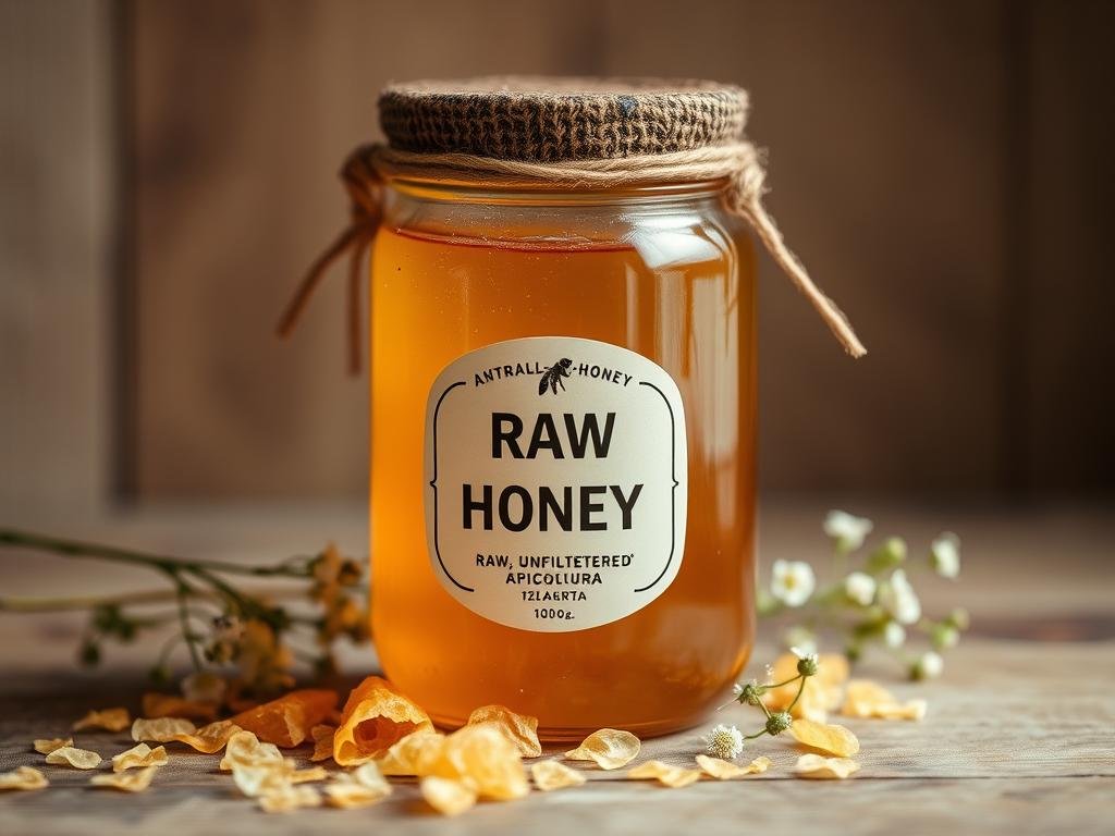 A rustic glass jar filled with raw, unfiltered "Apicoltura" honey sits atop a wooden surface, surrounded by a scattering of honeycomb fragments and delicate wildflowers. Soft, diffused lighting casts a warm, golden glow, highlighting the jar's organic textures and the honey's natural translucence. The overall composition evokes a sense of artisanal craftsmanship, traditional beekeeping practices, and the inherent benefits of unprocessed, non-pasteurized honey.