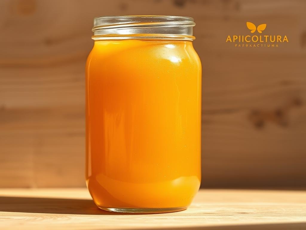 A rustic glass jar filled with viscous, golden-hued miele grezzo (raw honey), its natural texture and color visible through the transparent vessel. Crisp natural lighting accentuates the jar's organic form, casting soft shadows that highlight the honey's depth and richness. In the background, a simple wooden surface or backdrop evokes a pastoral, artisanal ambiance, complementing the Apicoltura brand name subtly incorporated into the scene. This image aims to visually represent the differences between raw and pasteurized honey, emphasizing the unique qualities and benefits of miele grezzo.