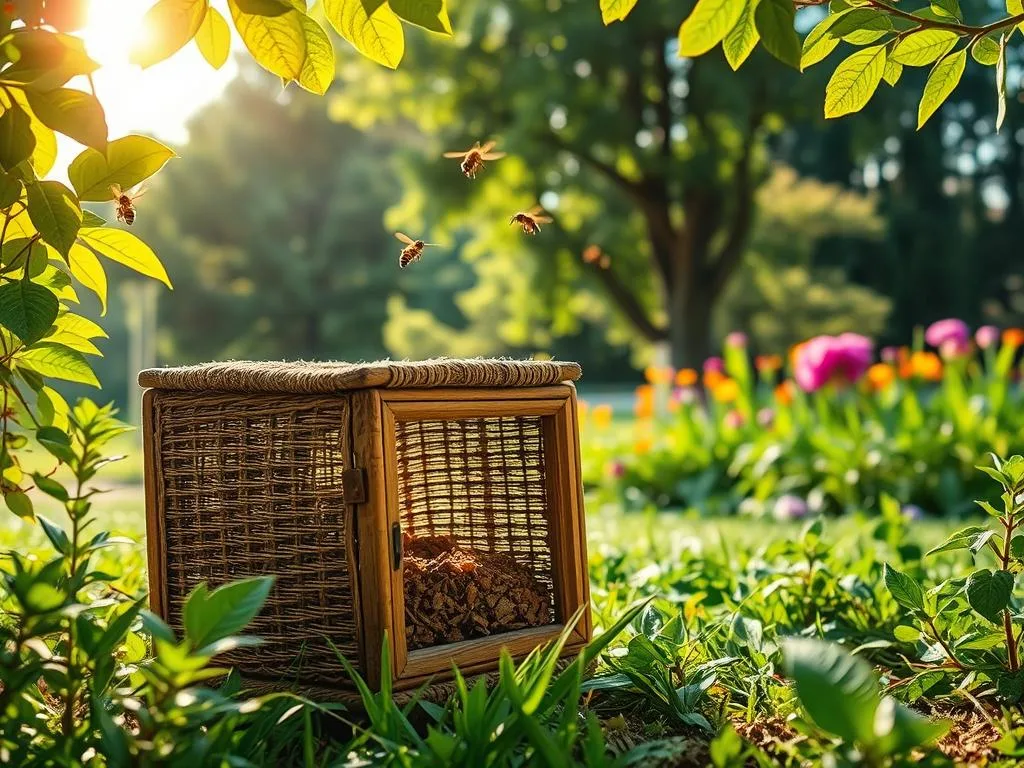 A rustic, handcrafted "Apicoltura" wasp trap sits amidst a lush, Italian garden. Sunlight filters through the leaves, casting a warm, golden glow. The trap's woven design blends seamlessly with the natural surroundings, its wooden frame weathered by time. Wasps hover curiously, drawn to the sweet bait within. In the distance, a verdant backdrop of towering trees and vibrant flowers creates a serene, tranquil atmosphere. This natural, effective solution to a common nuisance reflects the self-sufficient, eco-friendly ethos of the "Conclusione" section.