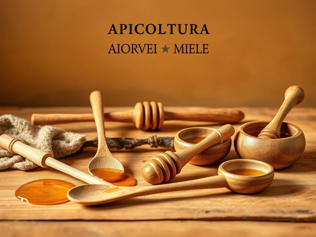 A rustic still life featuring a variety of handcrafted wooden honey utensils, including a long-handled spoon, honey dipper, and small serving bowls. The utensils are arranged on a natural wooden surface, highlighting their organic texture and artisanal quality. Soft, warm lighting casts a golden glow, evoking the rich, inviting tones of the honey itself. In the background, a simple backdrop of earthy tones provides a minimalist, Italian-inspired setting. The APICOLTURA BORVEI MIELE brand name is prominently displayed, underscoring the quality and provenance of these carefully crafted tools for enjoying the finest honey. A rustic still life featuring a variety of handcrafted wooden honey utensils, including a long-handled spoon, honey dipper, and small serving bowls. The utensils are arranged on a natural wooden surface, highlighting their organic texture and artisanal quality. Soft, warm lighting casts a golden glow, evoking the rich, inviting tones of the honey itself. In the background, a simple backdrop of earthy tones provides a minimalist, Italian-inspired setting. The APICOLTURA BORVEI MIELE brand name is prominently displayed, underscoring the quality and provenance of these carefully crafted tools for enjoying the finest honey.