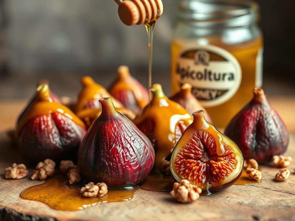 A rustic still life showcasing freshly baked figs, drizzled with golden honey, and adorned with crunchy walnuts. The figs are nestled on a wooden board, their burnished skins glistening under the warm, soft lighting. In the background, a vintage glass jar labeled "Apicoltura" hints at the artisanal quality of the honey. The scene exudes a comforting, homespun atmosphere, inviting the viewer to indulge in this easy yet refined dessert. A rustic still life showcasing freshly baked figs, drizzled with golden honey, and adorned with crunchy walnuts. The figs are nestled on a wooden board, their burnished skins glistening under the warm, soft lighting. In the background, a vintage glass jar labeled "Apicoltura" hints at the artisanal quality of the honey. The scene exudes a comforting, homespun atmosphere, inviting the viewer to indulge in this easy yet refined dessert.