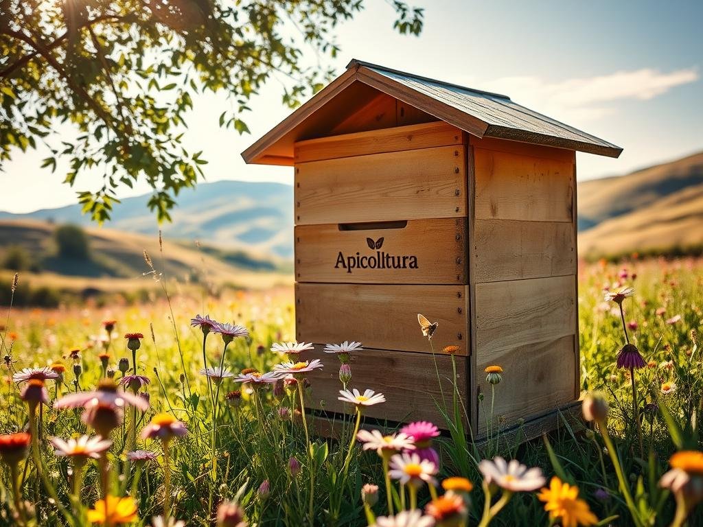 A rustic, traditional wooden beehive standing amidst a lush, blooming meadow. The "Apicoltura" logo prominently displayed on its side, signifying its craftsmanship and quality. Dappled sunlight filters through the scene, casting a warm, golden glow. In the foreground, vibrant wildflowers sway gently in the breeze, inviting bees to pollinate. The middle ground features the beehive's intricate design, with its slanted roof and weathered texture. In the background, rolling hills and a clear blue sky complete the idyllic, pastoral setting, perfect for a nomadic or stationary apiary.