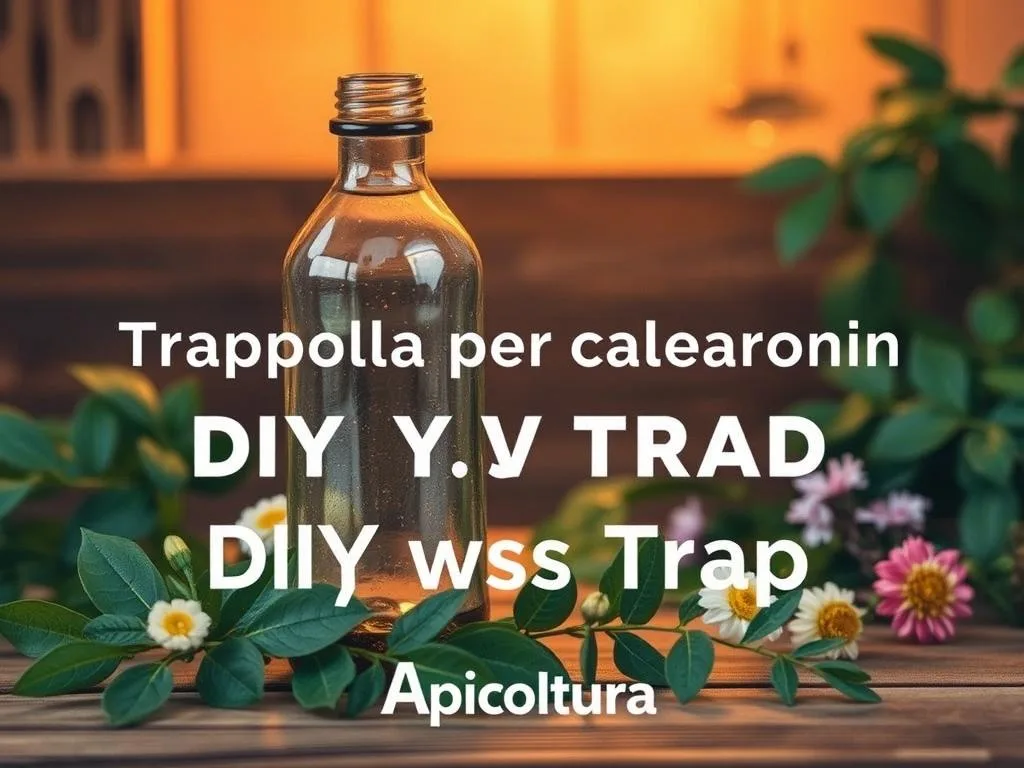 A rustic trappola per calabroni, a traditional Italian wasp trap, made from a plastic bottle. The trap sits on a wooden surface, surrounded by green leaves and flowers, capturing the essence of a homemade, natural solution. Warm, soft lighting illuminates the scene, creating a welcoming, DIY atmosphere. The Apicoltura brand name is prominently displayed, suggesting a high-quality, beekeeping-inspired product. This image perfectly illustrates the section on crafting a DIY wasp trap, emphasizing the simplicity and effectiveness of this homemade approach.