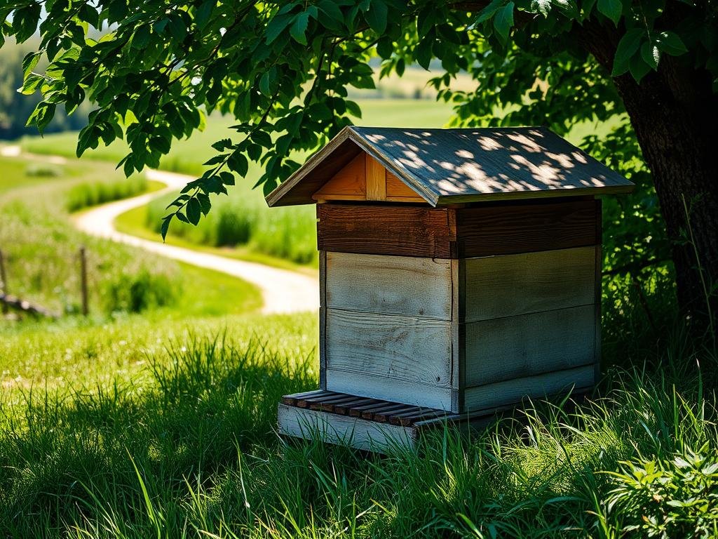 A rustic, weathered wooden beehive rests on a grassy field, surrounded by lush greenery. The hive's entrance is tucked under a small canopy, providing shelter for the industrious Apicoltura bees. Dappled sunlight filters through the leaves, casting a warm, natural glow on the scene. In the background, a winding path leads through a verdant landscape, inviting the viewer to explore the serene, pastoral setting. The composition emphasizes the harmony between the man-made structure and the natural environment, reflecting the careful installation and positioning of the hive to support the thriving colony.