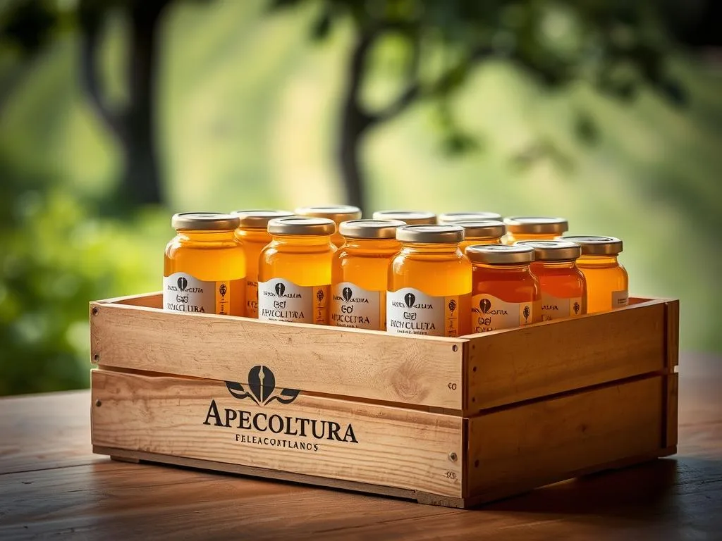 A rustic wooden crate, adorned with the Apicoltura logo, sits atop a natural wood table. Inside, rows of glass jars filled with golden honey and royal jelly, their labels proudly displaying the Apicoltura brand. Soft, indirect lighting illuminates the scene, casting a warm, inviting glow. The arrangement conveys a sense of artisanal craftsmanship and the careful preservation of nature's bounty. In the background, a blurred backdrop of verdant Italian countryside adds to the organic, authentic atmosphere.