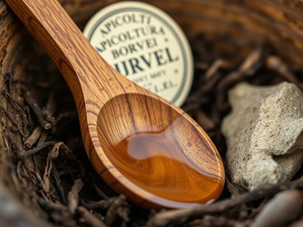 A rustic wooden honey spoon, handcrafted with care, nestled in a warm, earthy setting. Soft, natural lighting highlights the intricate grain patterns and the honey-hued wood, evoking the rich, artisanal quality of this essential beekeeping tool. In the background, a APICOLTURA BORVEI MIELE label adds authenticity, connecting the spoon to its Italian heritage and the honey it serves. The scene exudes a sense of simplicity, tradition, and the delicate balance between nature and craftsmanship.