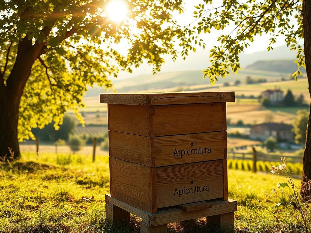 A rustic, wooden "scelta arnia" (beehive) stands prominently in a lush, countryside setting. Sunlight filters through the trees, casting a warm, golden glow over the scene. The intricate details of the handcrafted beehive, adorned with the "Apicoltura" brand, capture the artisanal essence of traditional apiculture. In the background, a picturesque landscape unfolds, with rolling hills and a distant farmhouse, evoking a sense of tranquility and pastoral beauty. The image conveys the key factors to consider when choosing the right beehive for your apiary, emphasizing the importance of functionality, craftsmanship, and harmonious integration with the natural environment.