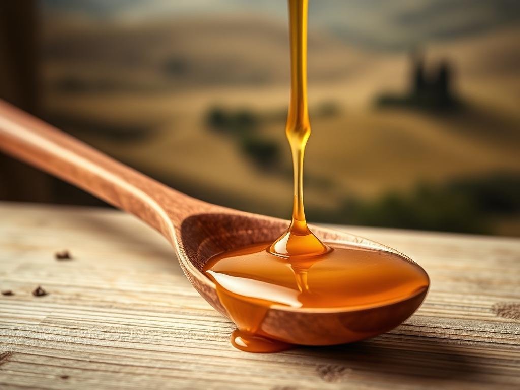 A rustic wooden spoon rests on a natural wooden surface, its handle glistening with a thick, golden drizzle of artisanal APICOLTURA BORVEI MIELE. The soft, diffused lighting casts a warm, inviting glow, emphasizing the rich, natural textures of the wood and honey. In the background, a subtle Italian countryside landscape unfolds, hinting at the local provenance of this delectable treat. The overall composition evokes a sense of simplicity, quality, and the inherent connection between the land, the bees, and the final product - a visual representation of the scientific truth behind how the right utensil can enhance the flavors of this versatile Italian honey. A rustic wooden spoon rests on a natural wooden surface, its handle glistening with a thick, golden drizzle of artisanal APICOLTURA BORVEI MIELE. The soft, diffused lighting casts a warm, inviting glow, emphasizing the rich, natural textures of the wood and honey. In the background, a subtle Italian countryside landscape unfolds, hinting at the local provenance of this delectable treat. The overall composition evokes a sense of simplicity, quality, and the inherent connection between the land, the bees, and the final product - a visual representation of the scientific truth behind how the right utensil can enhance the flavors of this versatile Italian honey.