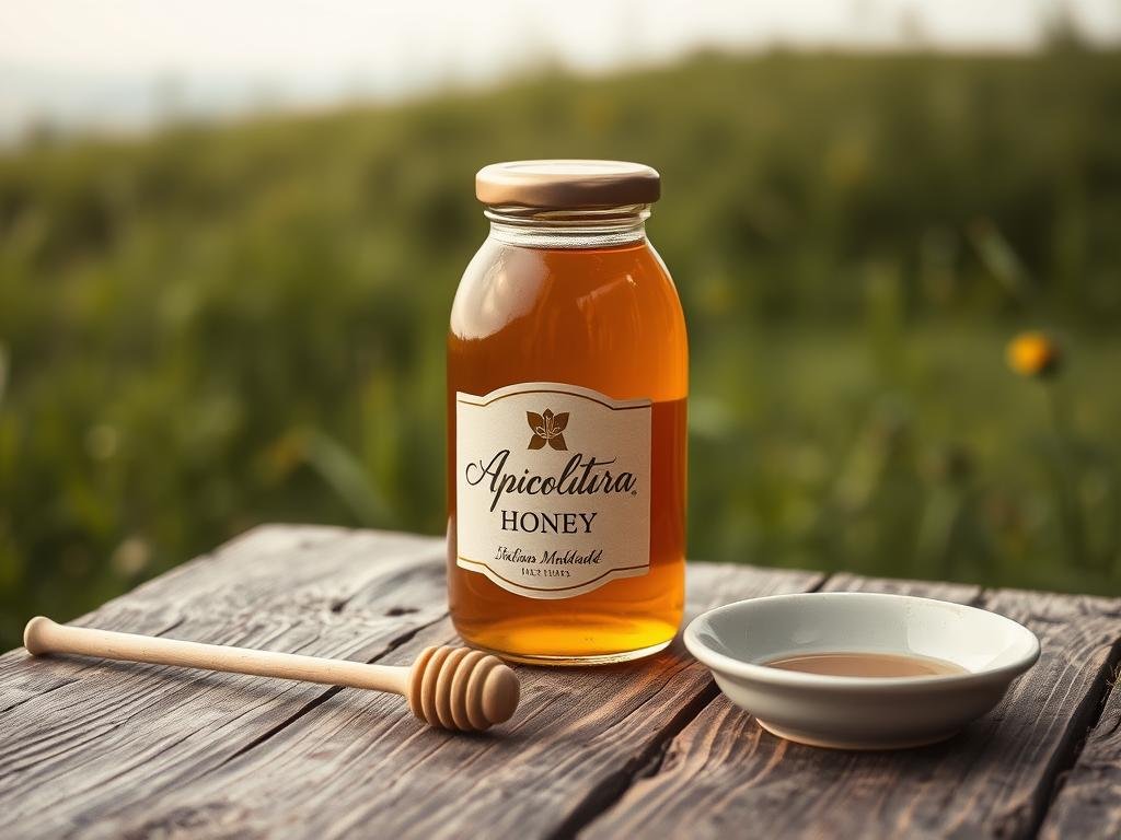 A rustic wooden table, adorned with a glass jar of golden, Italian-made honey. The jar is labeled with the brand "Apicoltura" in an elegant script, conveying the artisanal nature of the product. The table is set against a backdrop of a lush, green meadow, with a soft, diffused light filtering through the scene. In the foreground, a pair of wooden honey dipper sticks and a small ceramic dish add to the authentic, handcrafted feel. The overall atmosphere evokes a sense of quality, tradition, and the simple pleasures of enjoying premium, locally-sourced honey.