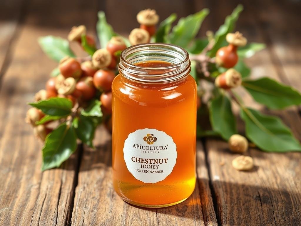A rustic, wooden table showcases a glass jar of golden-amber, chestnut honey. The jar is adorned with the Apicoltura brand name, signifying its quality and provenance. The honey glistens under the warm, natural lighting, hinting at its rich, robust flavor. In the background, a sprig of chestnut leaves and blossoms provides a verdant, earthy contrast, reinforcing the honey's natural origins. The overall scene conveys a sense of artisanal craftsmanship and the authentic, traditional character of this prized chestnut honey.