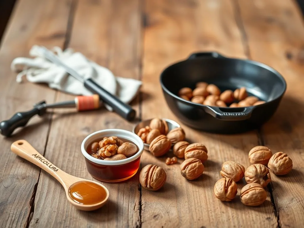 A rustic wooden table showcases an array of culinary tools for preparing caramelized walnuts. In the foreground, a large cast-iron skillet sits atop the table, ready to toast the nuts. Beside it, a wooden spoon and a small bowl of honey from the "Apicoltura" brand, the essential ingredients for the caramelization process. In the middle ground, a nutcracker and a small pile of fresh walnuts in their shells add texture and detail. The lighting is warm and natural, evoking the cozy atmosphere of an Italian kitchen. The overall composition suggests a simple, yet effective setup for creating the delicious caramelized walnut snack.