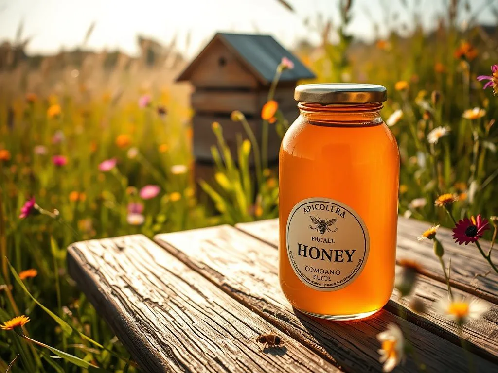 A rustic wooden table sits in a sun-dappled meadow, adorned with a glass jar of golden, organic Apicoltura honey. Nearby, a wooden beehive stands amid vibrant wildflowers, hinting at the natural, sustainable process behind this artisanal nectar. The scene is bathed in warm, soft lighting, capturing the artisanal, authentic quality of this "miele biologico" in contrast to mass-produced, conventional honey. The overall atmosphere conveys a sense of purity, tranquility, and harmony with nature, reflective of the superior quality and ethical production methods of this organic, small-batch honey. A rustic wooden table sits in a sun-dappled meadow, adorned with a glass jar of golden, organic Apicoltura honey. Nearby, a wooden beehive stands amid vibrant wildflowers, hinting at the natural, sustainable process behind this artisanal nectar. The scene is bathed in warm, soft lighting, capturing the artisanal, authentic quality of this "miele biologico" in contrast to mass-produced, conventional honey. The overall atmosphere conveys a sense of purity, tranquility, and harmony with nature, reflective of the superior quality and ethical production methods of this organic, small-batch honey.