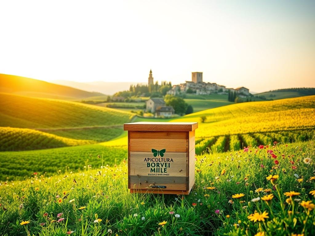 A serene Italian countryside landscape, with rolling hills and verdant fields dotted with vibrant wildflowers. In the foreground, a wooden beehive with the APICOLTURA BORVEI MIELE logo stands, surrounded by a bustling swarm of honeybees. The middle ground features a small family-owned apiary, with a beekeeper tending to the hives under a warm, golden sunlight. In the background, a distant silhouette of a medieval village, its charming architecture blending seamlessly with the natural environment. The overall mood is one of harmony and coexistence, reflecting the challenges and resilience of sustainable beekeeping in Italy.