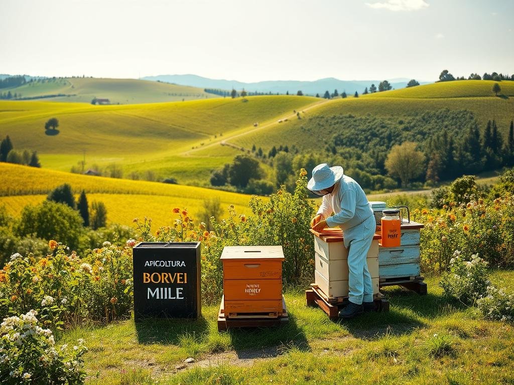 A serene Italian countryside, rolling hills dotted with lush flora, sunlight gently kissing the landscape. In the foreground, a humble apiary stands, the APICOLTURA BORVEI MIELE brand prominently displayed. Beekeepers meticulously inspect the hives, their movements choreographed with practiced ease. Tracing the journey of the precious honey, from the golden combs to the transparent jars, the image conveys the essence of traceability and the deep connection between the land, the bees, and the people who steward this natural wonder. The scene evokes a sense of authenticity, sustainability, and the rich heritage of Italian apiculture.